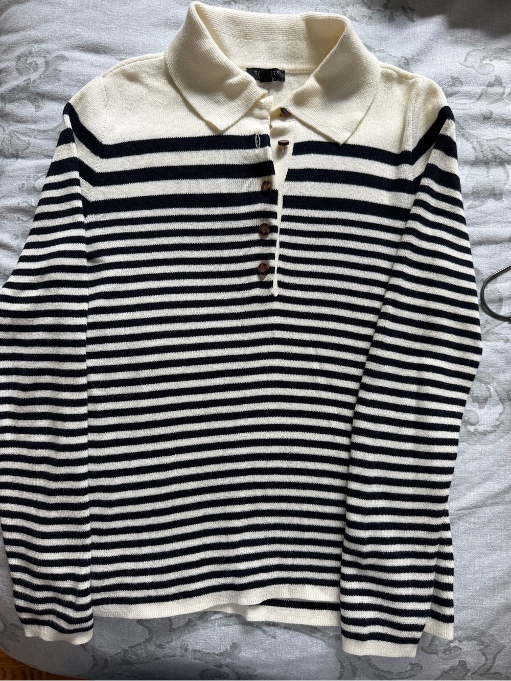 Talbots Cream & Black Striped Crewneck Polo